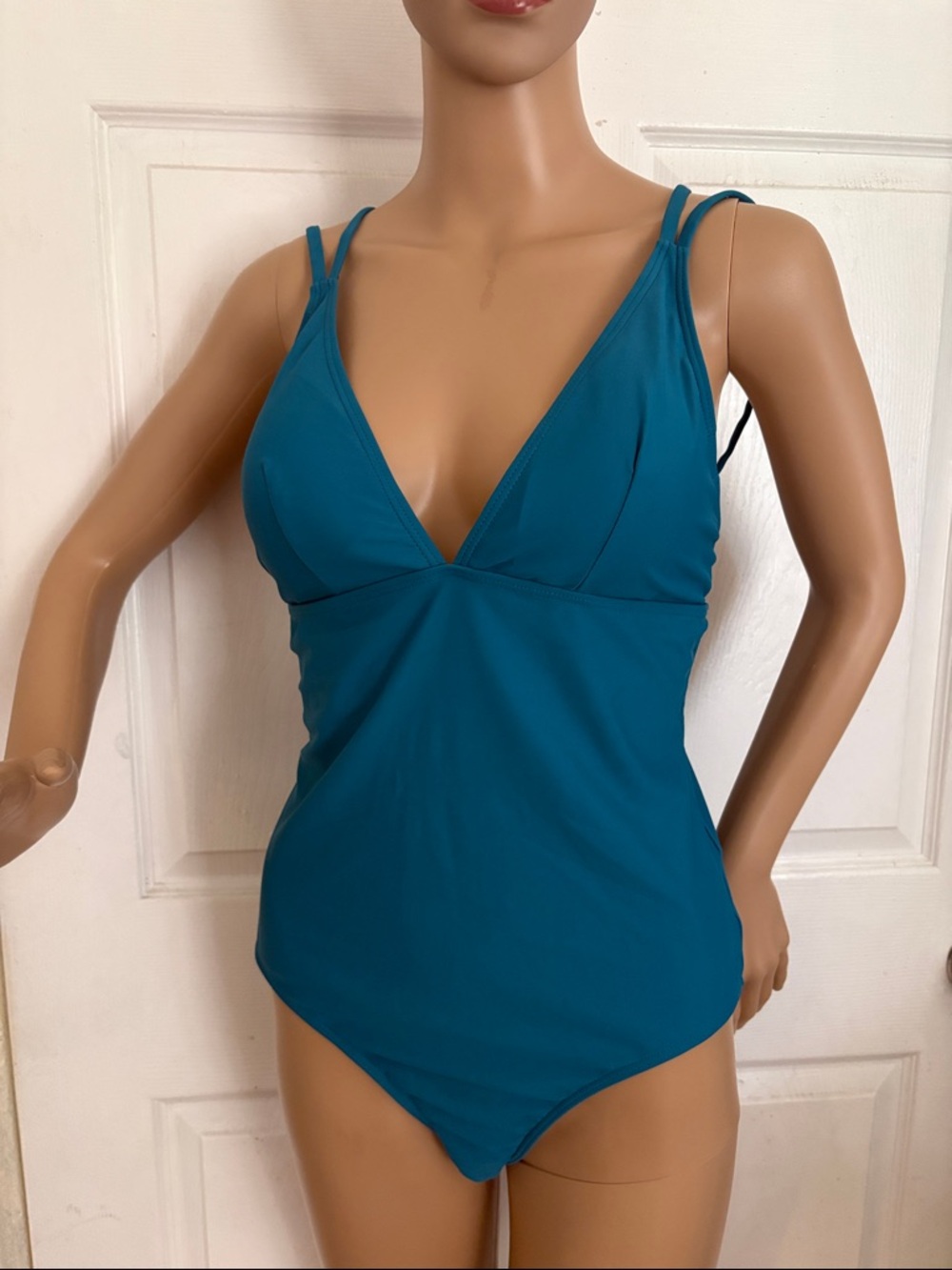 Teal V-Neck One-Piece Swimsuit with Double Straps